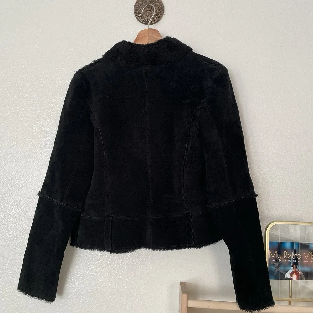 Vintage H&M Women's Genuine Leather Suede Faux Shearling‎ Coat Jacket Black - Picture 2 of 9